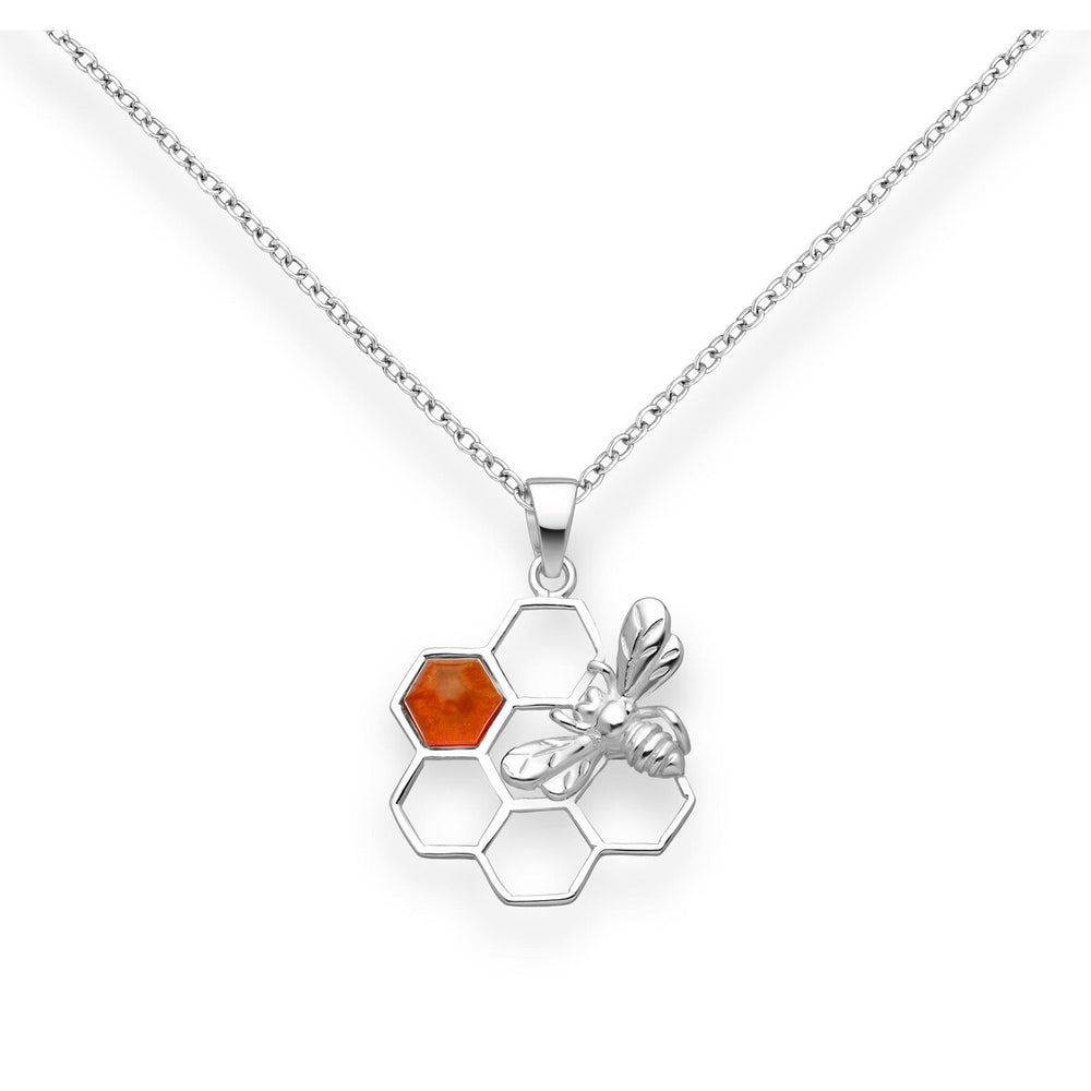 Baltic Amber & Sterling Silver Honeycomb & Bee Pendant Necklace - White