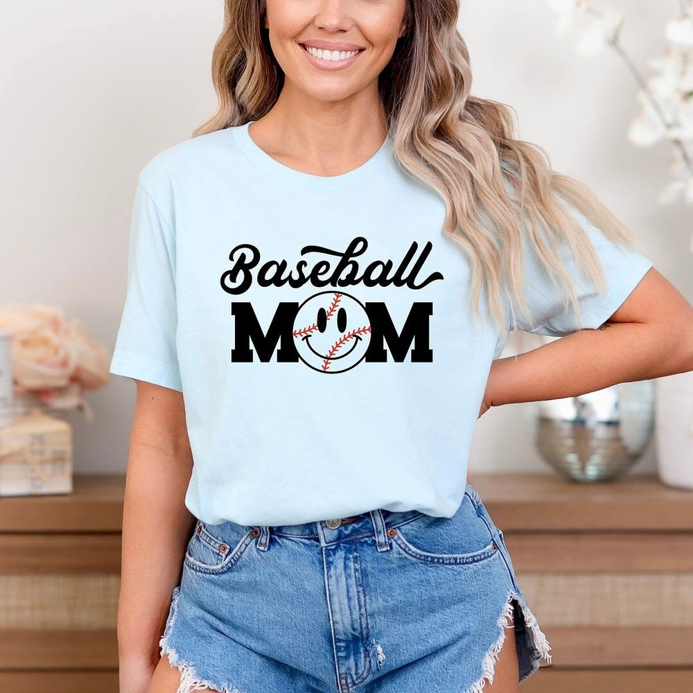 Baseball Mom Smiley Face Short Sleeve Crewnneck Tee