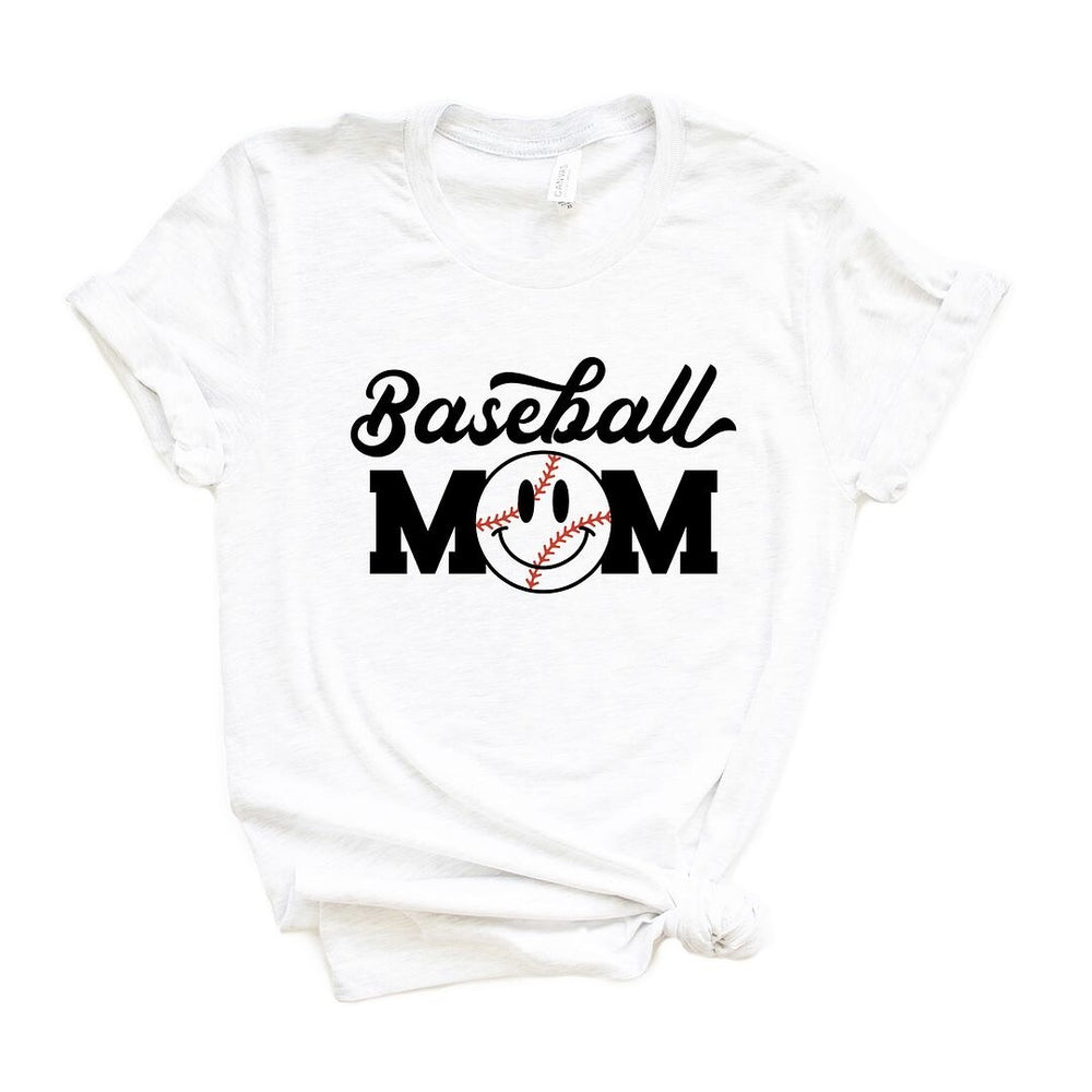 Baseball Mom Smiley Face Short Sleeve Crewnneck Tee