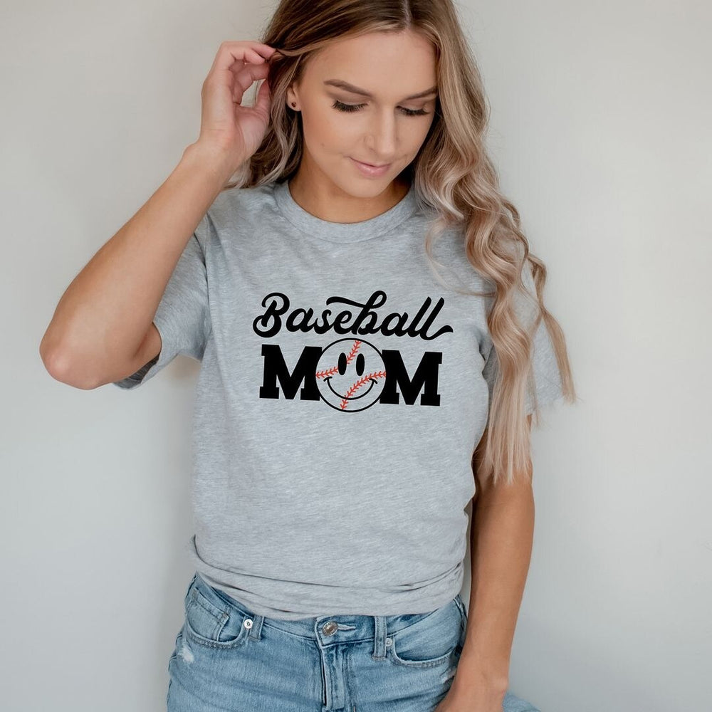 Baseball Mom Smiley Face Short Sleeve Crewnneck Tee