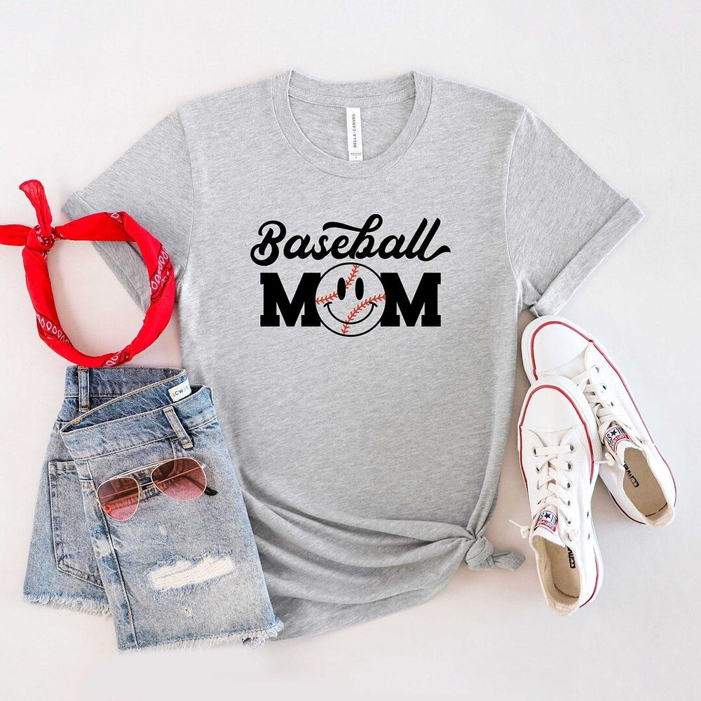 Baseball Mom Smiley Face Short Sleeve Crewnneck Tee