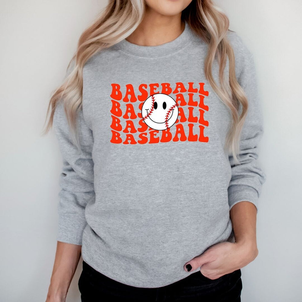 Baseball Stacked Smiley Face Graphic Sweatshirt