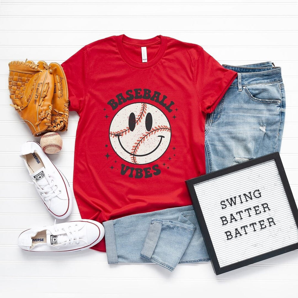 Baseball Vibes Smiley Face Short Sleeve Crewnneck Tee