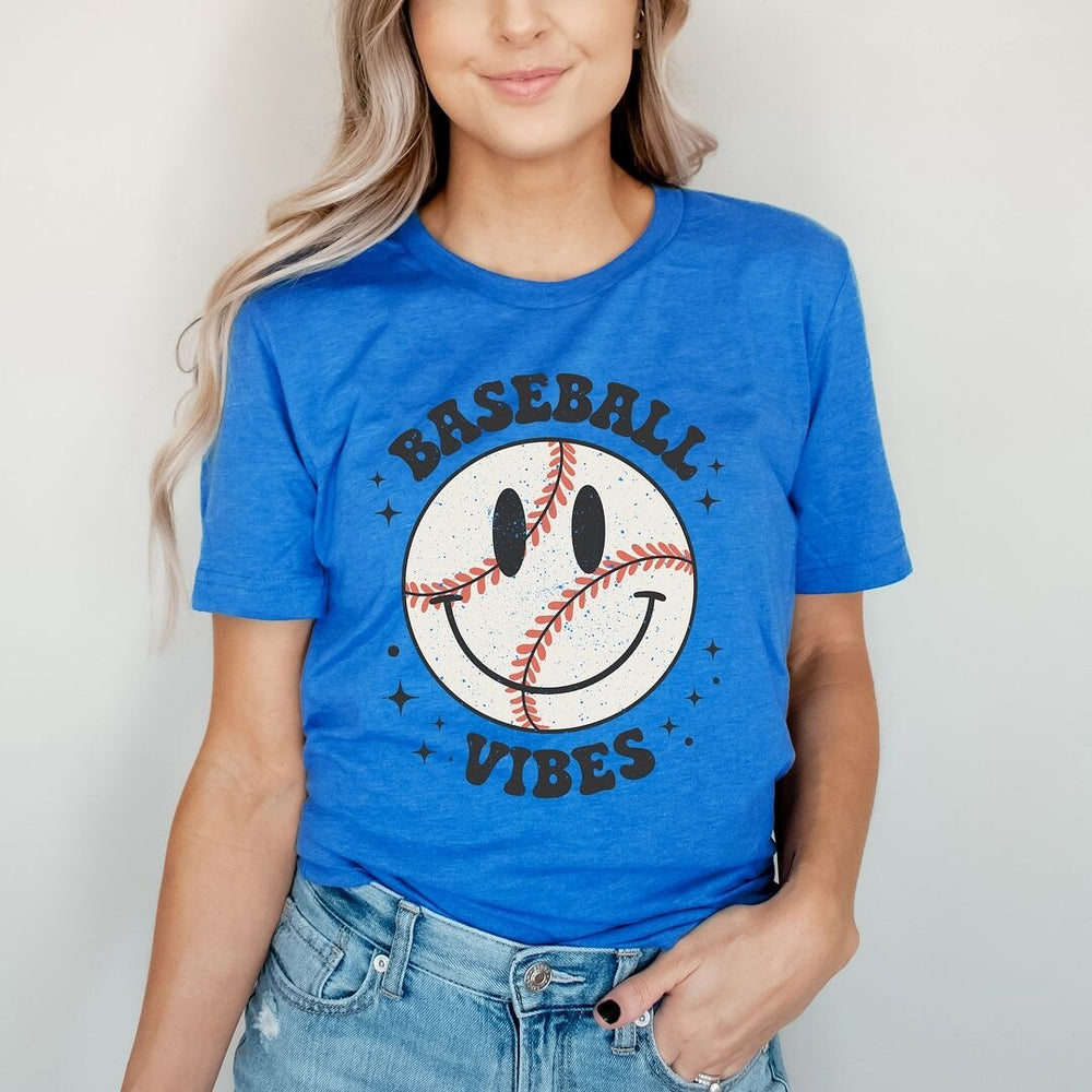 Baseball Vibes Smiley Face Short Sleeve Crewnneck Tee