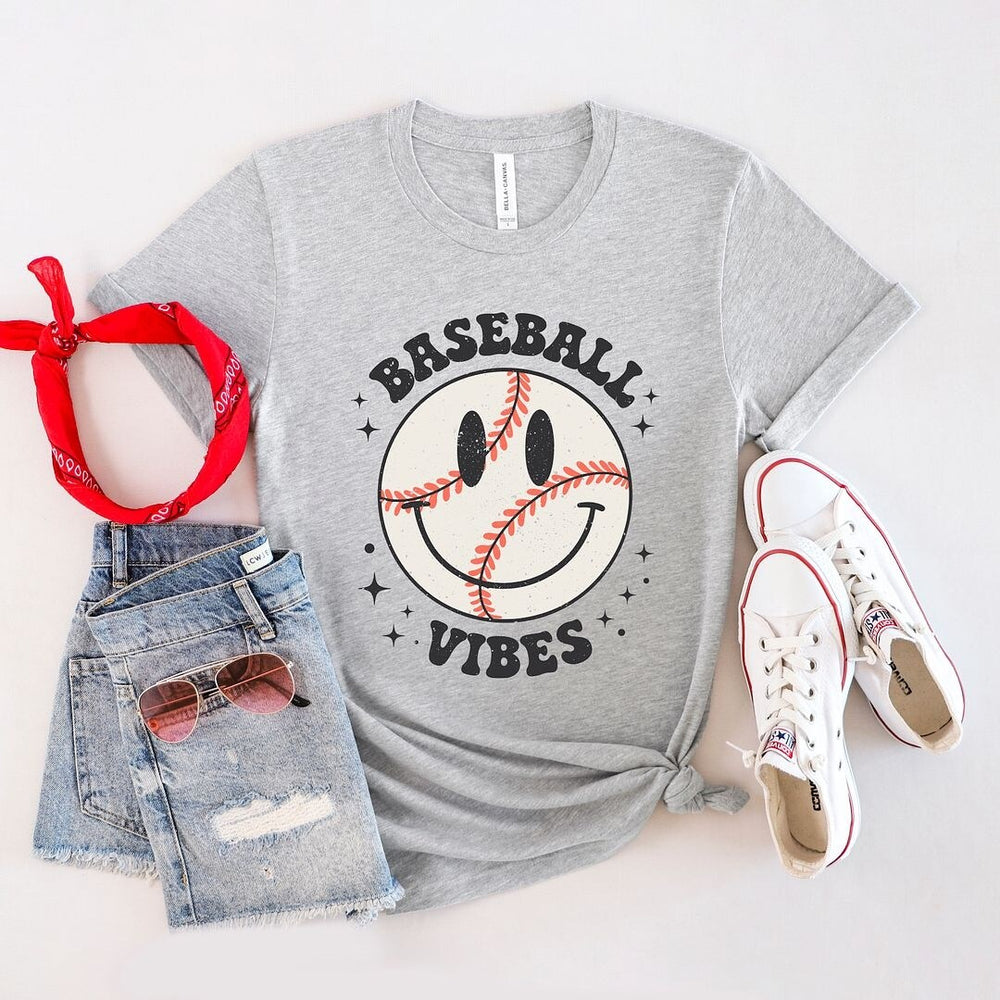 Baseball Vibes Smiley Face Short Sleeve Crewnneck Tee