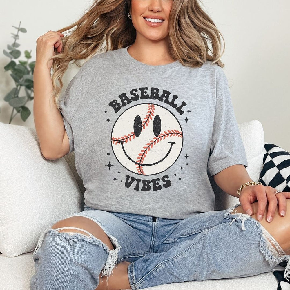 Baseball Vibes Smiley Face Short Sleeve Crewnneck Tee