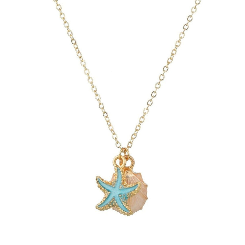 Beige Shell & Blue Starfish Nautical Pendant Necklace - White