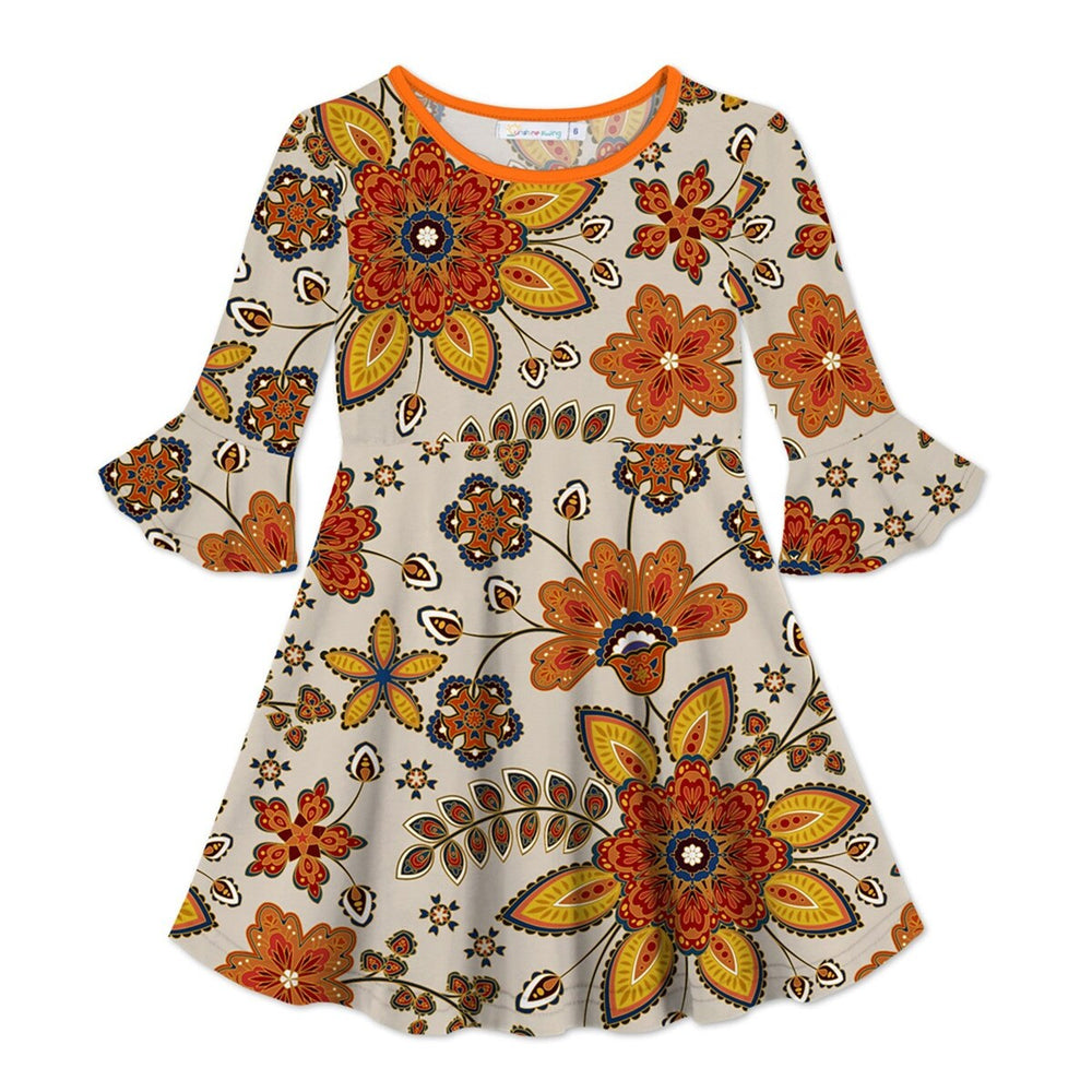 Beige & Orange Floral Print Ruffle-Sleeve A-Line Dress