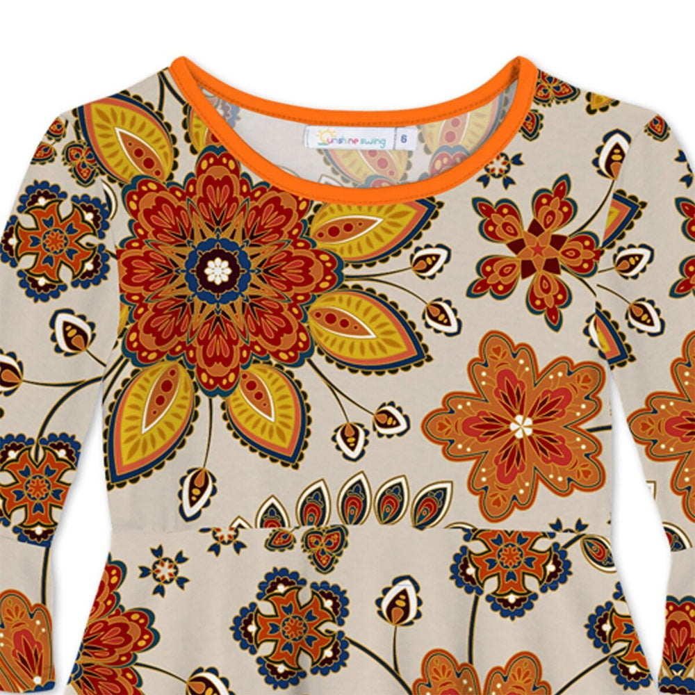 Beige & Orange Floral Print Ruffle-Sleeve A-Line Dress