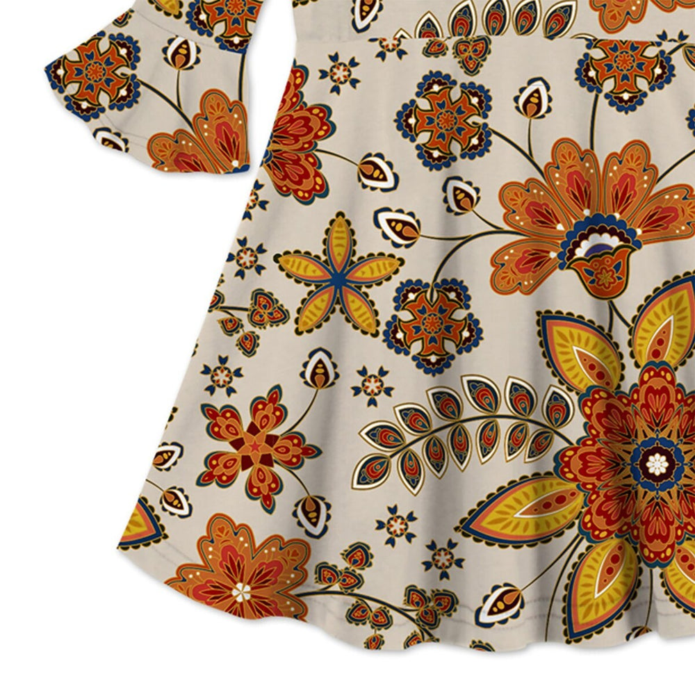 Beige & Orange Floral Print Ruffle-Sleeve A-Line Dress