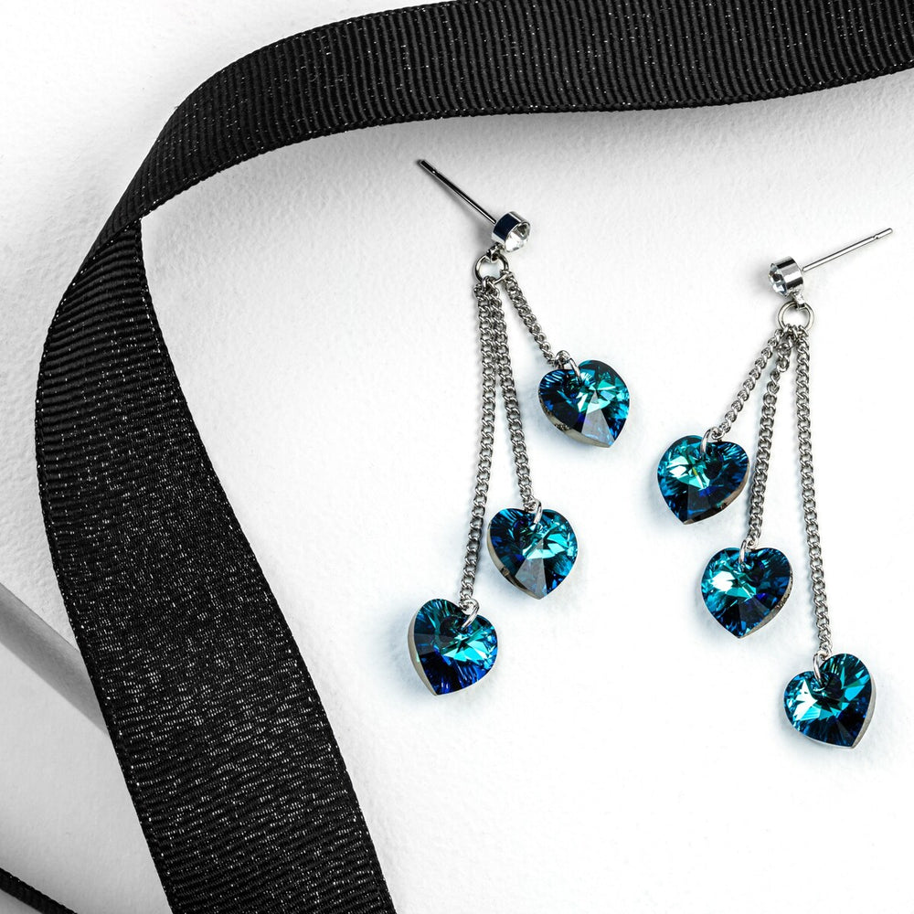 Bermuda Blue Triple Heart Drop Earrings With Swarovski Crystals (60318-79 And 101017-127)