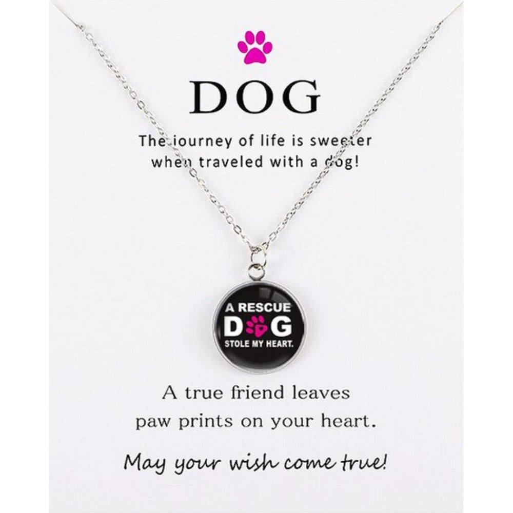 Black A Rescue Dog Stole My Heart Circular Pendant Necklace - White