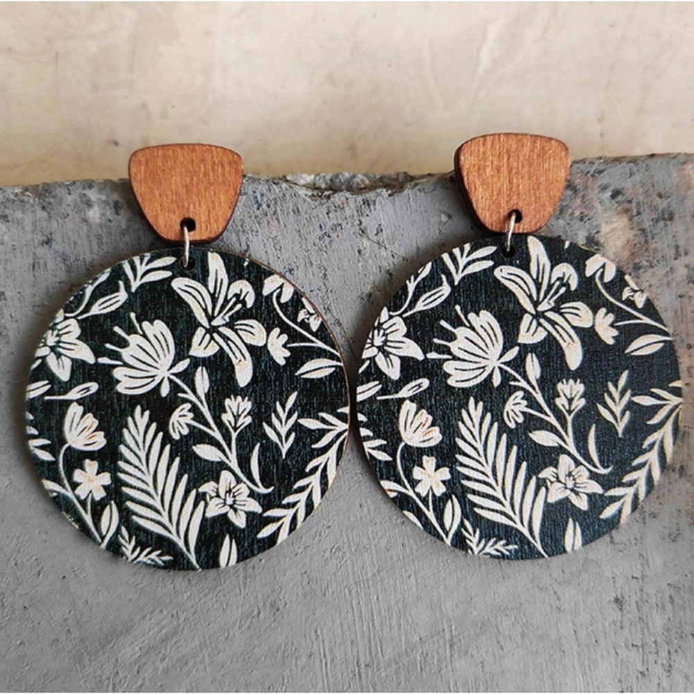 Black And White Floral Wooden Circle Drop Earrings