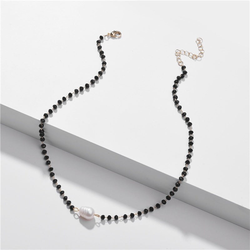 Black Beaded Freshwater Pearl Necklace - White