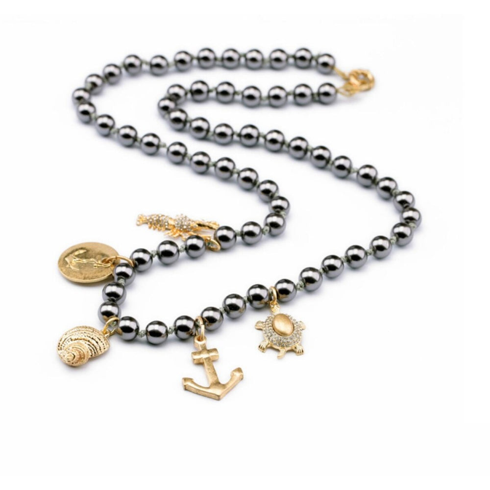 Black Beaded Goldtone Nautical Charmed Necklace - White