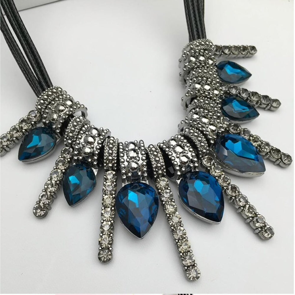 Black Blue Crystal Teardrop Statement Necklace - White