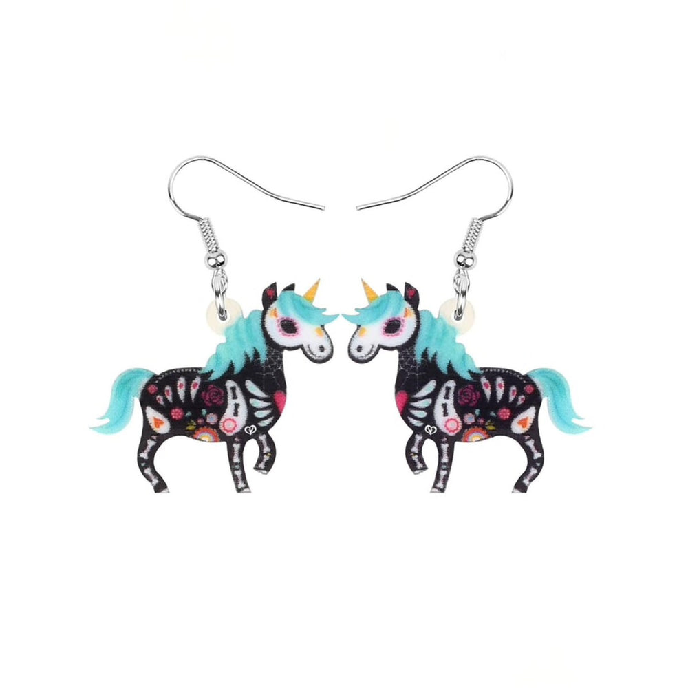 Black Blue Skeleton Horse Drop Earrings