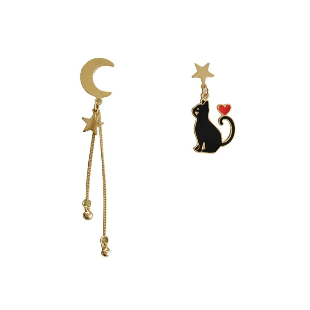 Black Cat Goldtone Celestial Asymmetrical Drop Earrings