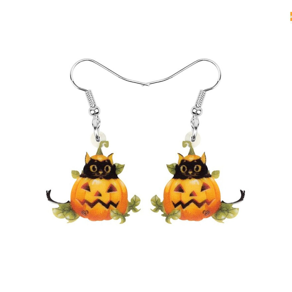 Black Cat In Jack-o-lantern Drop Earrings