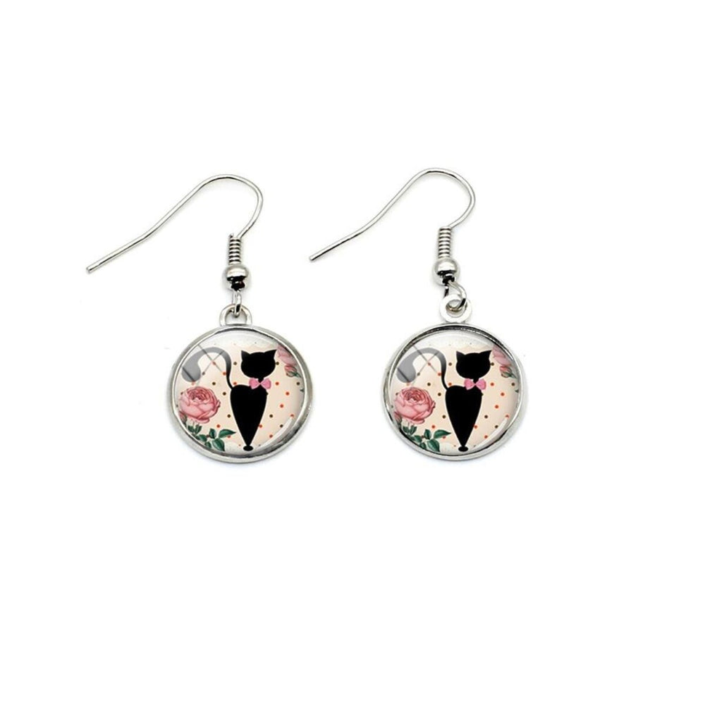 Black Cat With Pink Bowtie Circular Drop Earrings