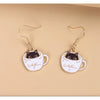 Black Cat in White Coffee Cup Drop Earrings