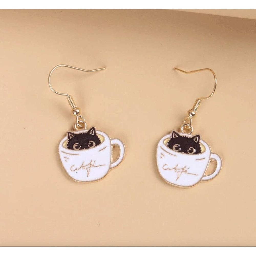 Black Cat in White Coffee Cup Drop Earrings