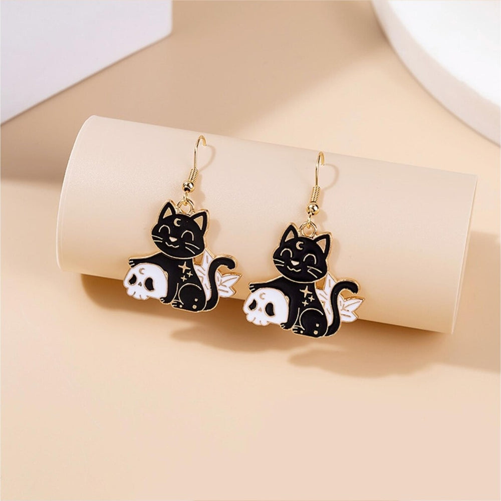 Black Celestial Cat Skeleton Drop Earrings