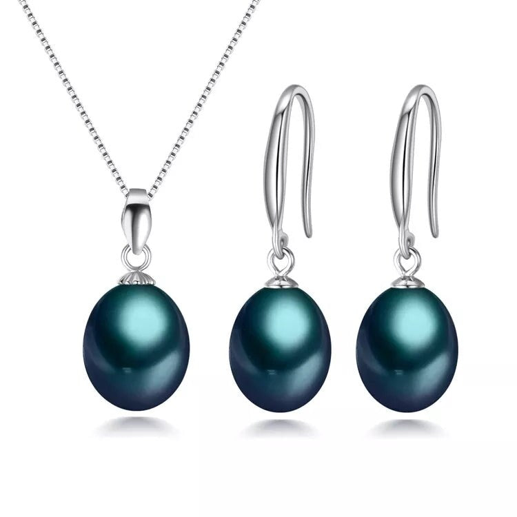 Black Freshwater Pearl Classic Earring Necklace Set - White