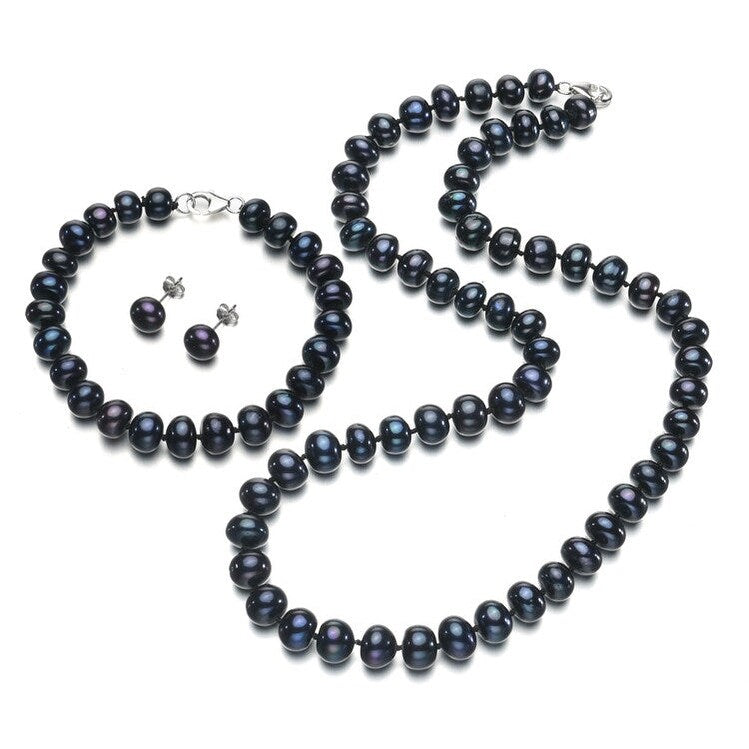 Black Freshwater Pearl Stud, Bracelet Necklace Set - White