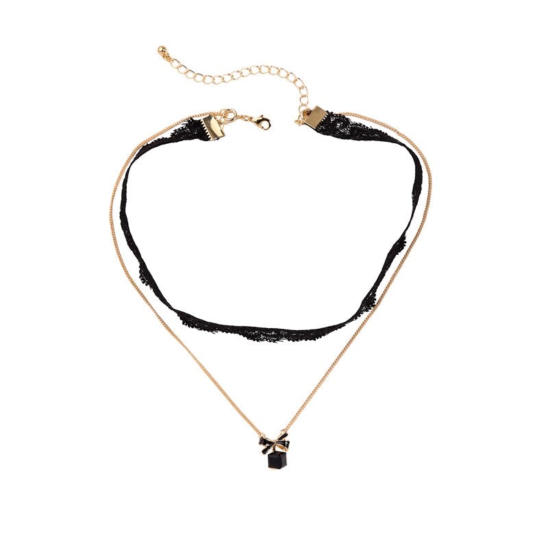 Black Lace Goldtone Cube Bow Layered Necklace - White