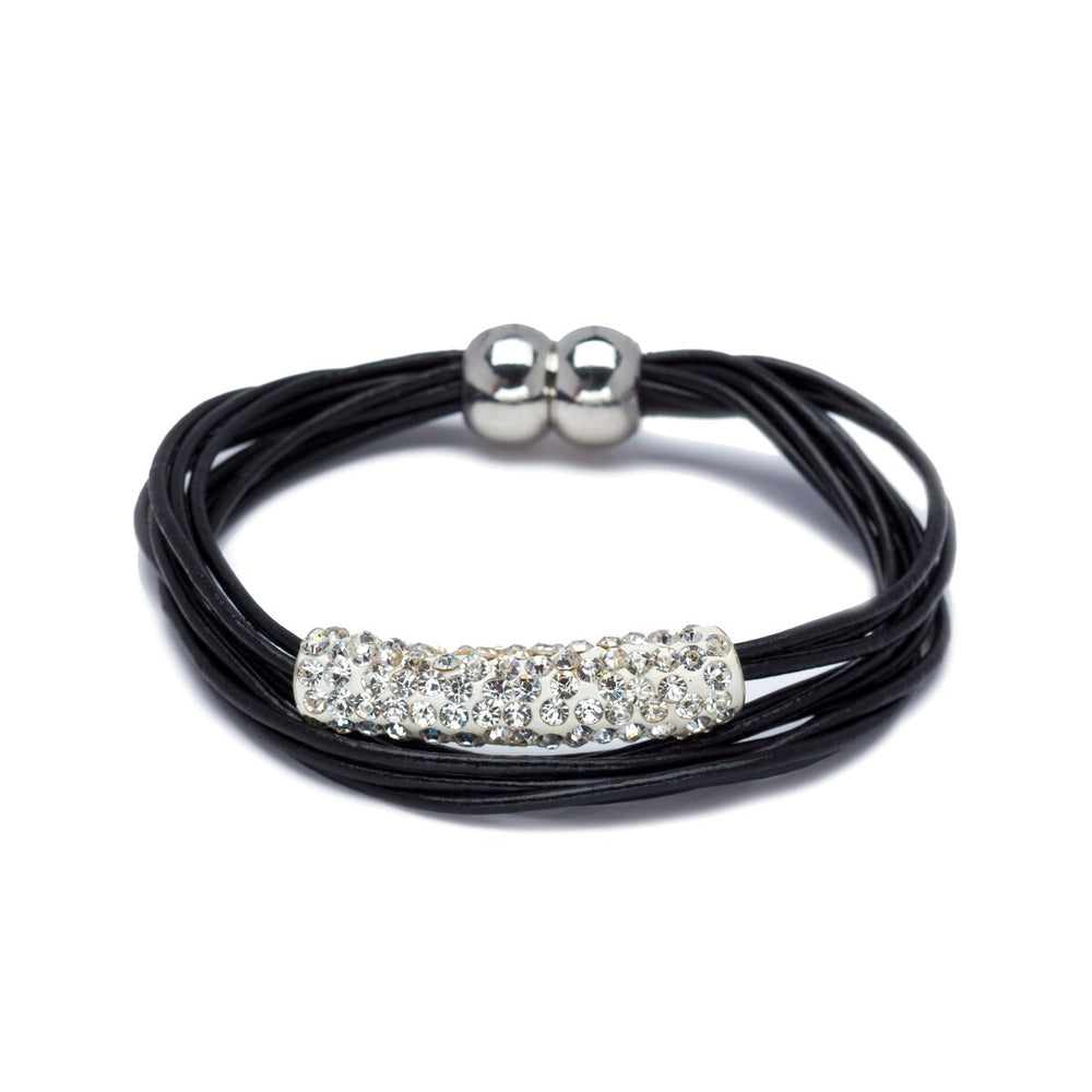 Black Leather Layered Bracelet With Swarovski Crystals