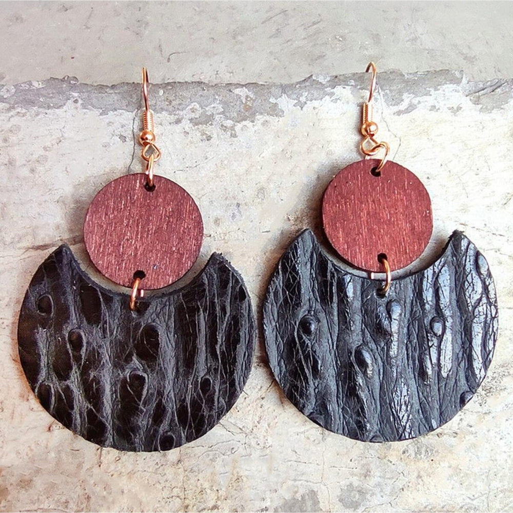 Black Leather and Goldtone Textured Half Moon Drop Earrings