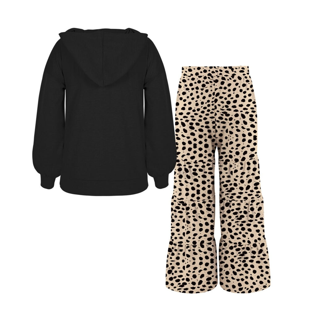 Black Leopard Heart Print Hooded Top & Leopard Print Tiered Pants