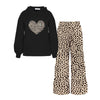 Black Leopard Heart Print Hooded Top & Leopard Print Tiered Pants