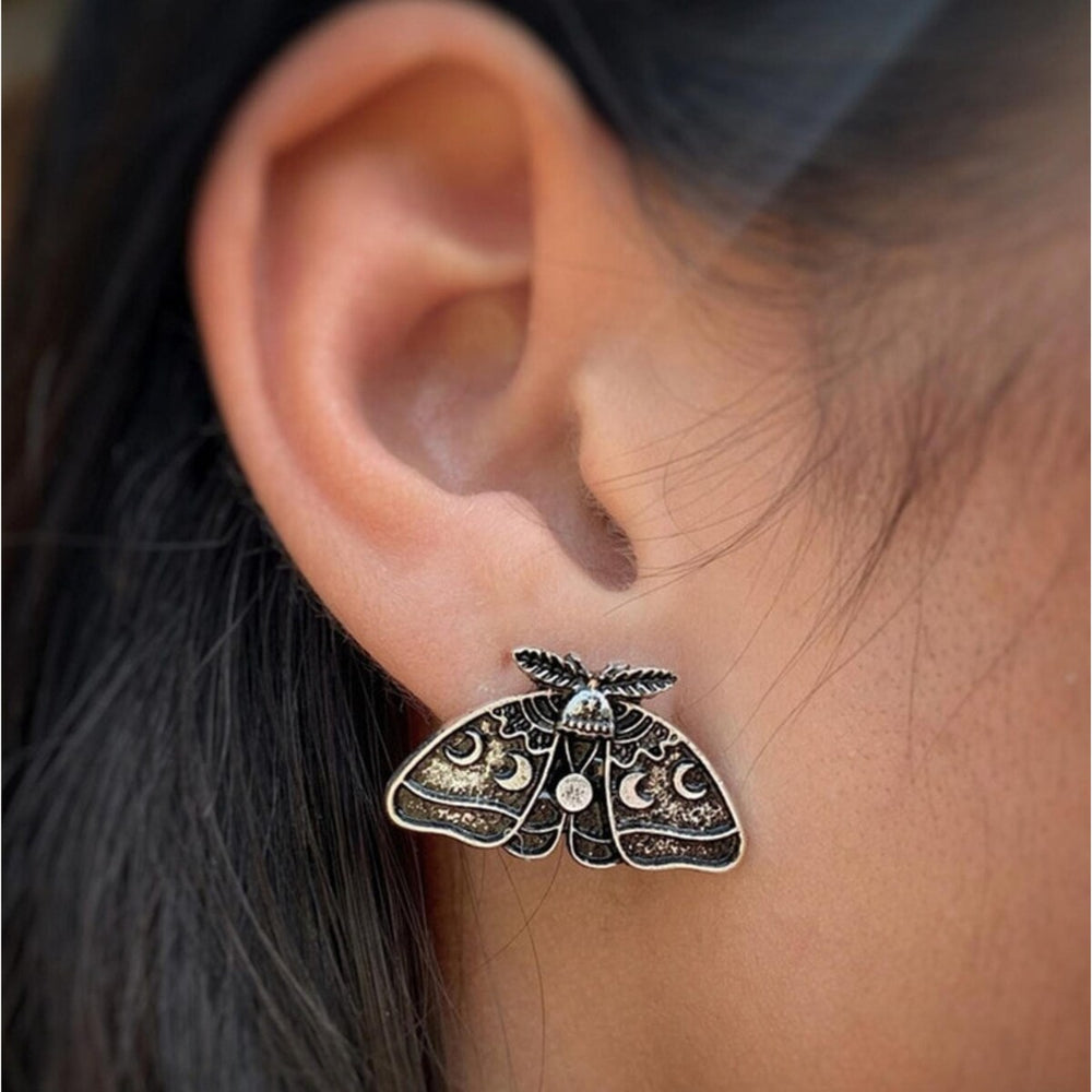 Black Lunar Phases Butterfly Stud Earrings