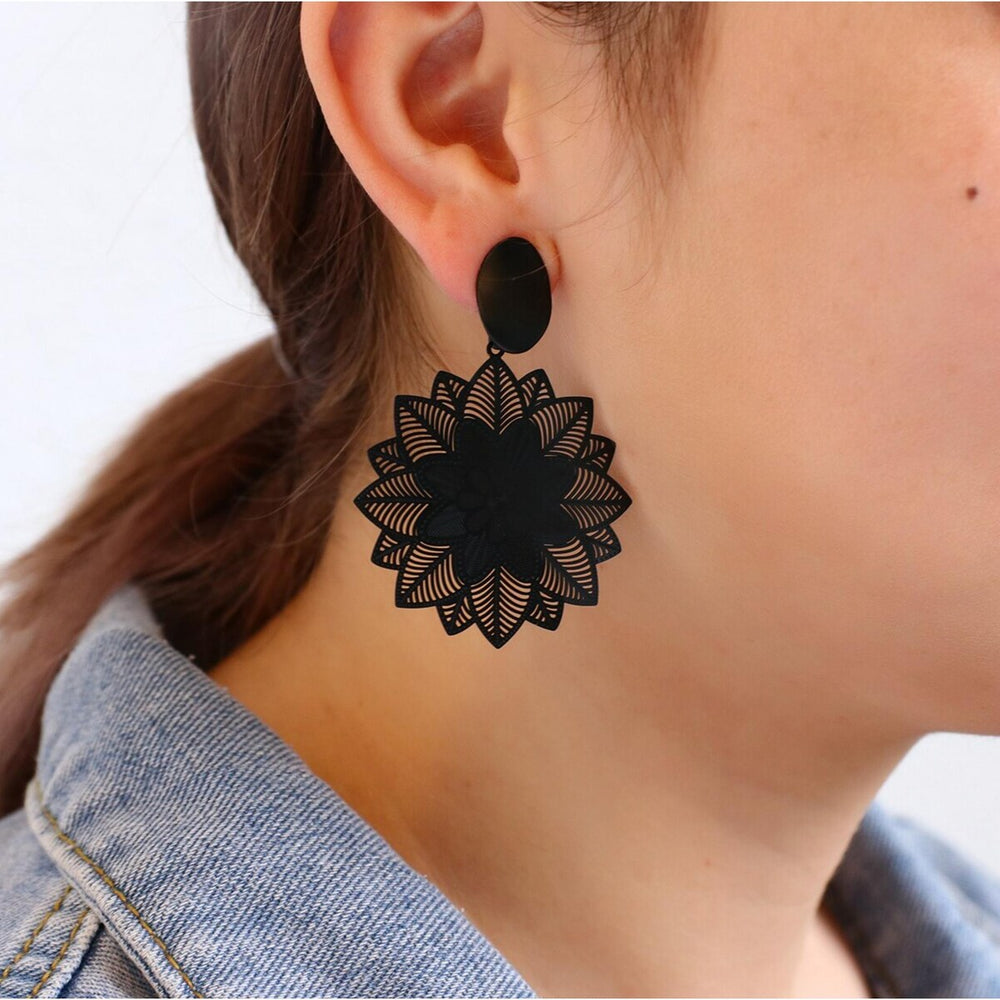 Black Mandala Flower Drop Earrings