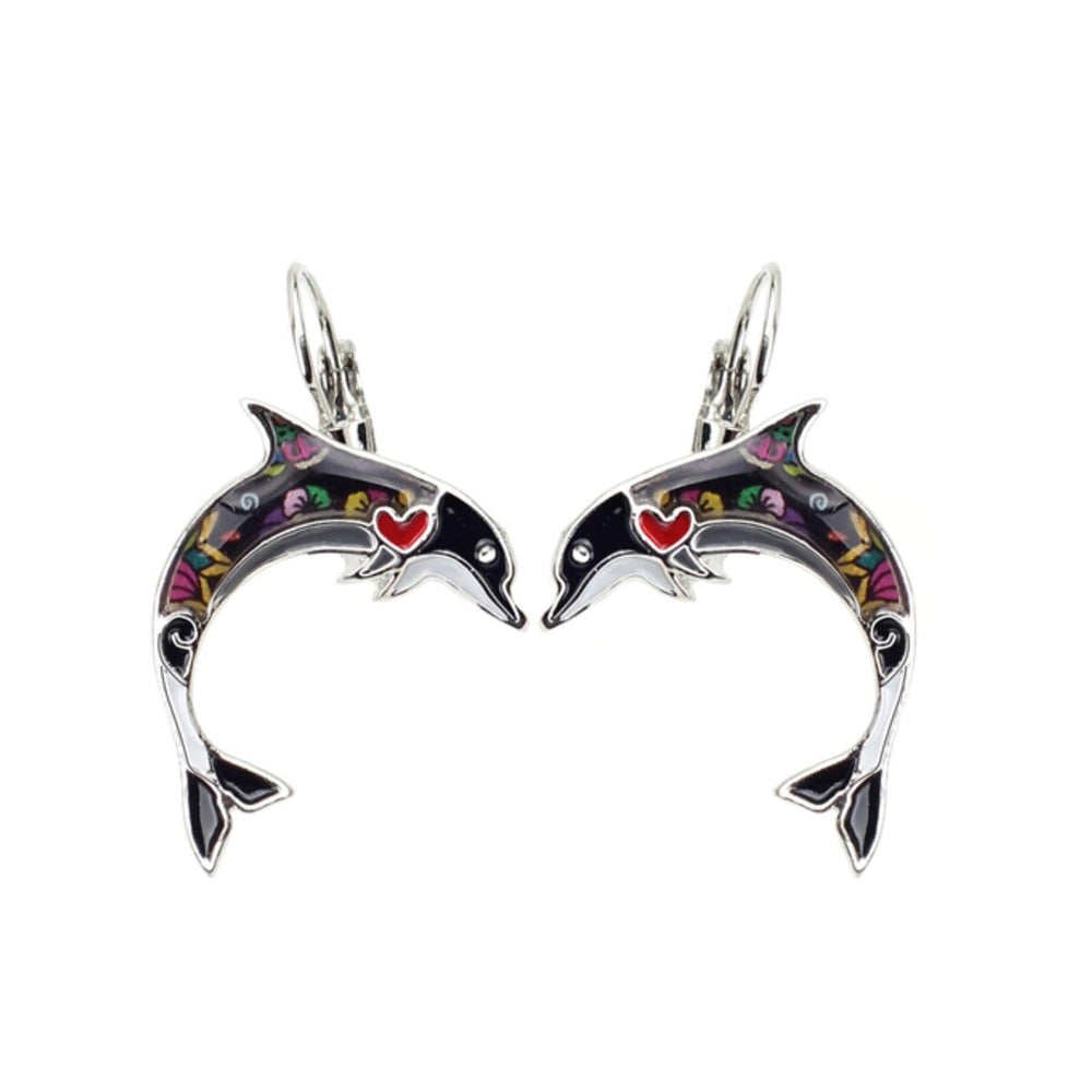 Black Mosaic Dolphin Leverback Earrings