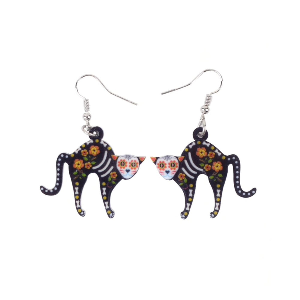 Black Multi Colored Skeleton Cat Drop Earrings