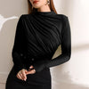 Black Ruched Mock Neck Long Sleeve T-Shirt