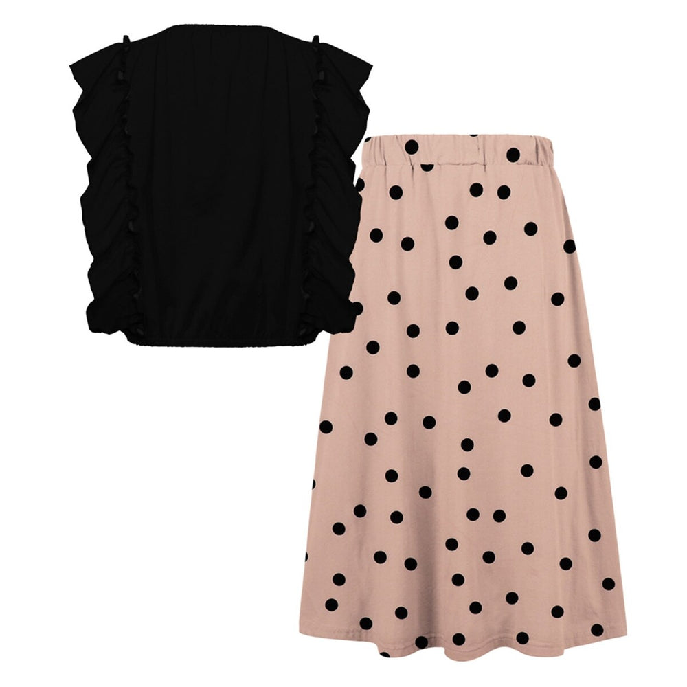 Black Ruffle-Accent Sleeveless Top & Pink Polka Dot Print Maxi Skirt