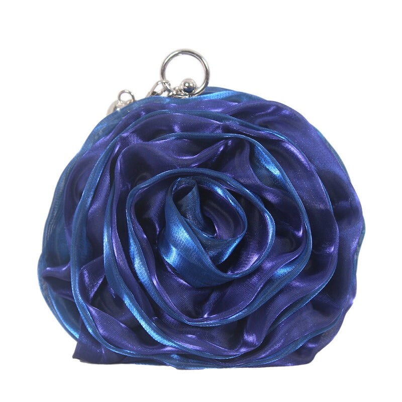 Black Satine Rose Flower Clutch Handbag with Removeable Strap