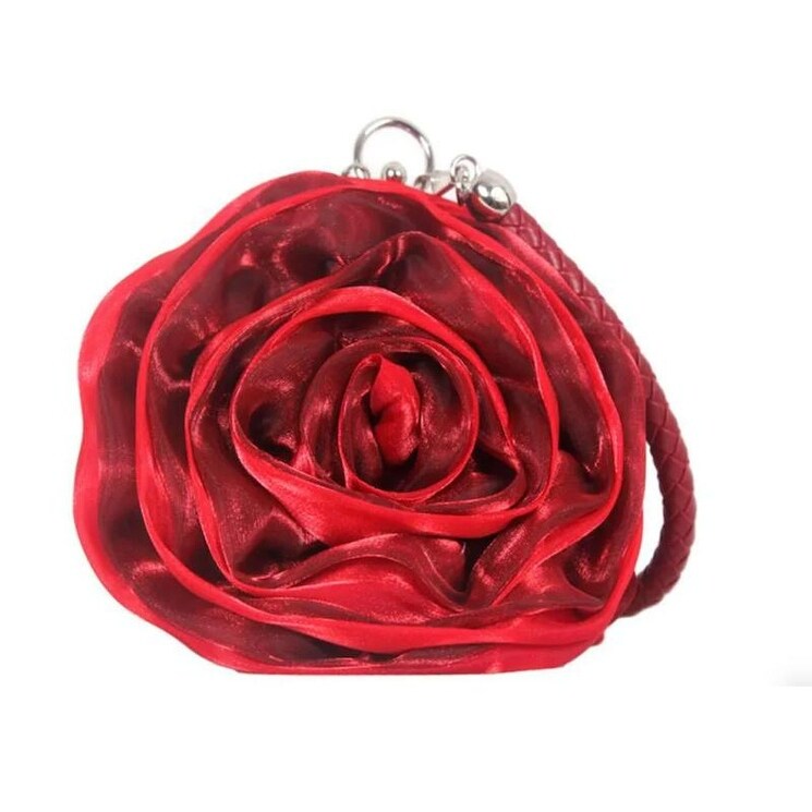 Black Satine Rose Flower Clutch Handbag with Removeable Strap