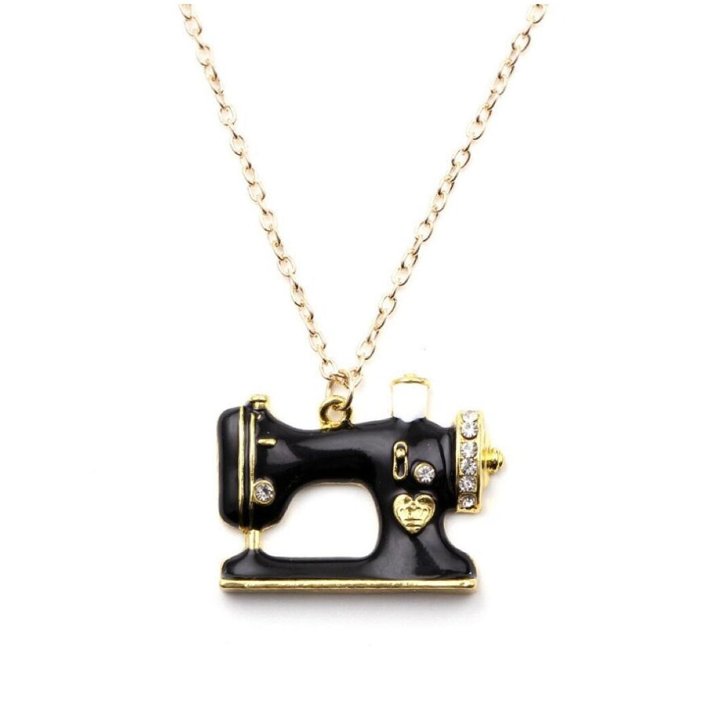 Black Sewing Machine Pendant Necklace - White