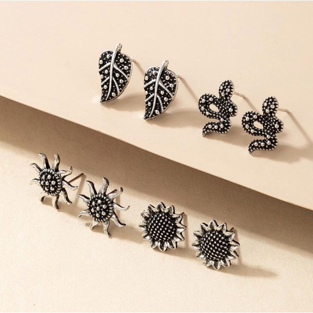 Black Silvertone Leaf, Snake, Sun Sunflower Stud Set