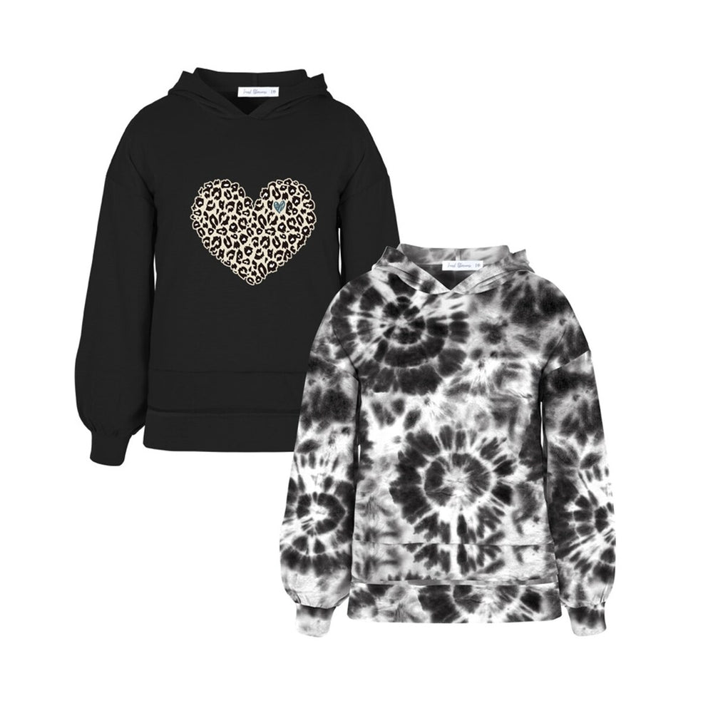 Black Tie-Dye & Leopard Heart Print Hooded Top Set