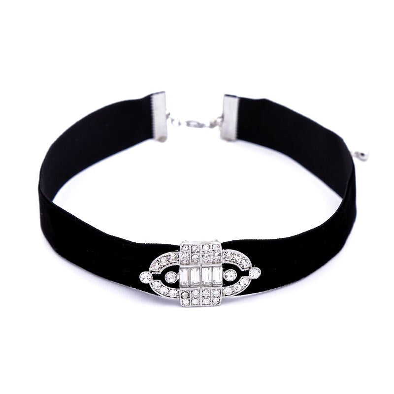 Black Velvet Choker With Crystal Oval - White