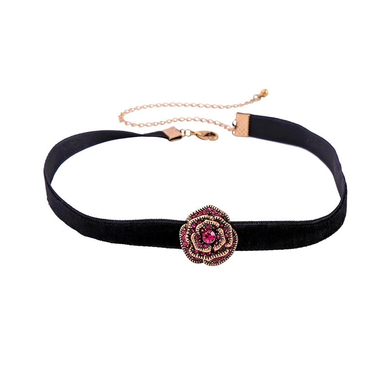 Black Velvet Pink Flower Choker Necklace - White