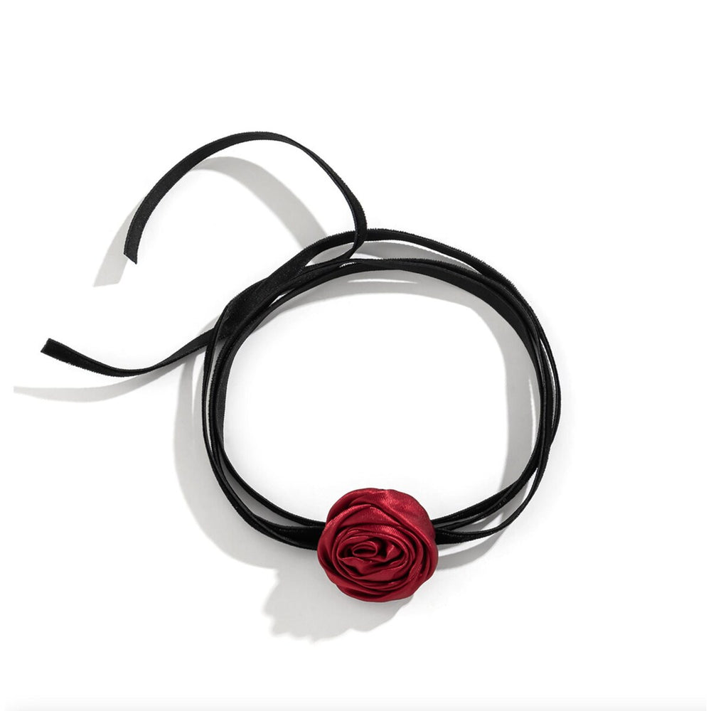 Black Velvet & Red Satine Rose Choker Necklace - White