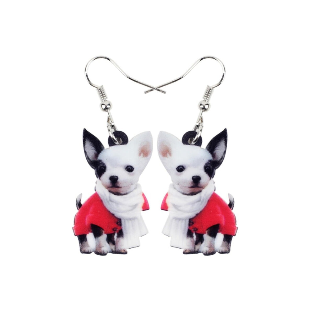 Black White Dog In Jacket Drop Earrings