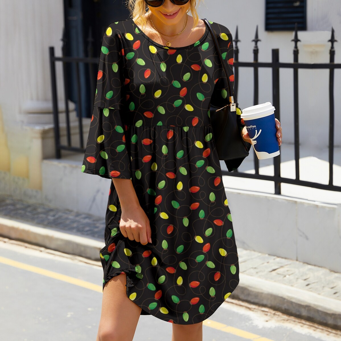 Black Multi Color Holiday Lights Print Round Neck Three Quarter Sleeve Dress